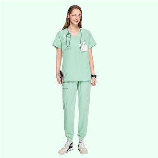 light green medical scrub uniform for women, top with short sleeve design and v-neck, medical scrub pants with ankle cuffs