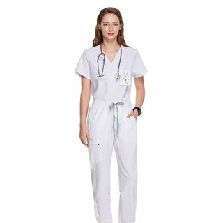 white medical uniform for nurses and doctors. Scrub top with v-neck, scrub pants with ribbed ankle cuffs