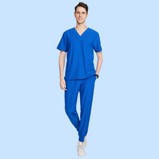 Royal blue medical scrub uniform for men, short sleeve top with v-neck and medical scrub pants with ribbed ankle cuffs design