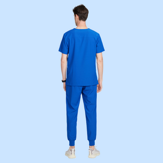 The back of royal blue medical scrub uniform for men, short sleeve top with v-neck and medical scrub pants with ribbed ankle cuffs design