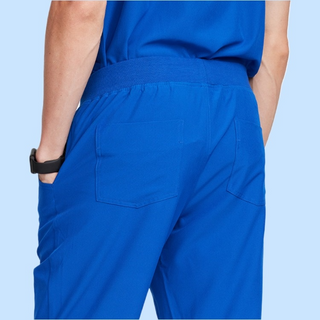 the back of medical scrub pants for men in blue showing the back pockets