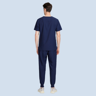 the back of navy blue medical scrub uniform for men, short sleeve top with v-neck and medical scrub pants with ribbed ankle cuffs design