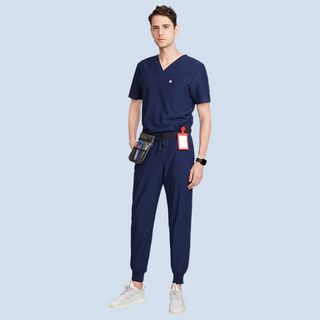 Navy blue medical scrub uniform for men, short sleeve top with v-neck and medical scrub pants with ribbed ankle cuffs design