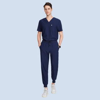 Navy blue medical scrub uniform for men, short sleeve top with v-neck and medical scrub pants with ribbed ankle cuffs design