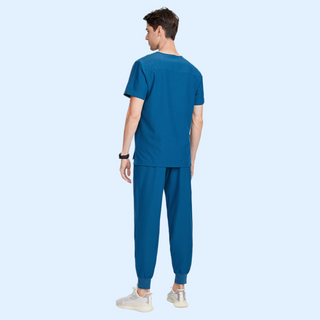 the back of caribbean blue medical scrub uniform for men, short sleeve top with v-neck and medical scrub pants with ribbed ankle cuffs design