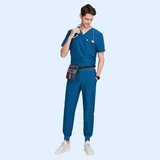 Caribbean blue medical scrub uniform for men, short sleeve top with v-neck and medical scrub pants with ribbed ankle cuffs design