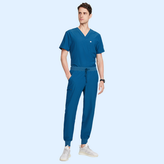 caribbean blue medical scrub uniform for men, short sleeve top with v-neck and medical scrub pants with ribbed ankle cuffs design