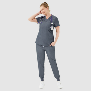 grey medical scrub uniform, top with short sleeve and v-neck, pants with ankle cuffs, slim-fit design