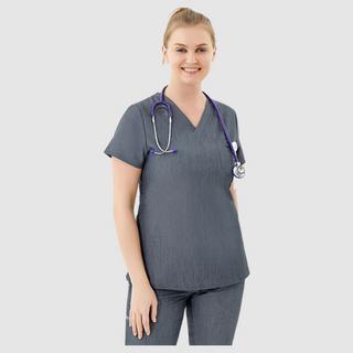 grey medical scrub uniform for women, top with v-neck design and short sleeve