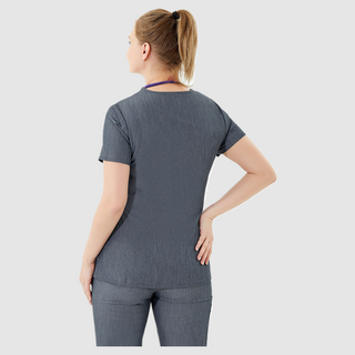 the back of a grey medical scrub uniform for women, top with short-sleeve and v-neck