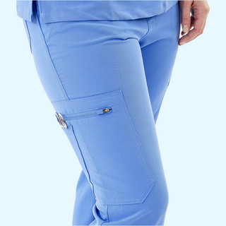 blue medical scrub pants for women in ceil blue color with straight legs and zipper and scissor pockets