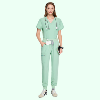 light green medical scrub uniform for women, top with short sleeve design and v-neck, medical scrub pants with ankle cuffs