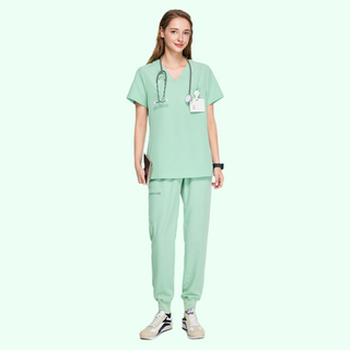 light green medical uniform for women, pants with ribbed ankle cuffs and top with v-neck