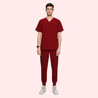 burgundy medical scrub uniform for men, short sleeve top with v-neck and medical scrub pants with ribbed ankle cuffs design